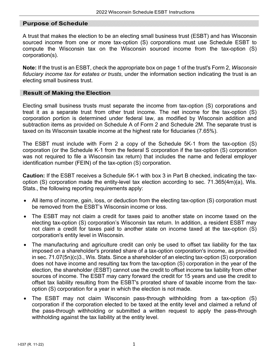 Instructions for Form I-237 Schedule ESBT Computation of Wisconsin Taxable Income for Electing Small Business Trusts - Wisconsin, Page 1