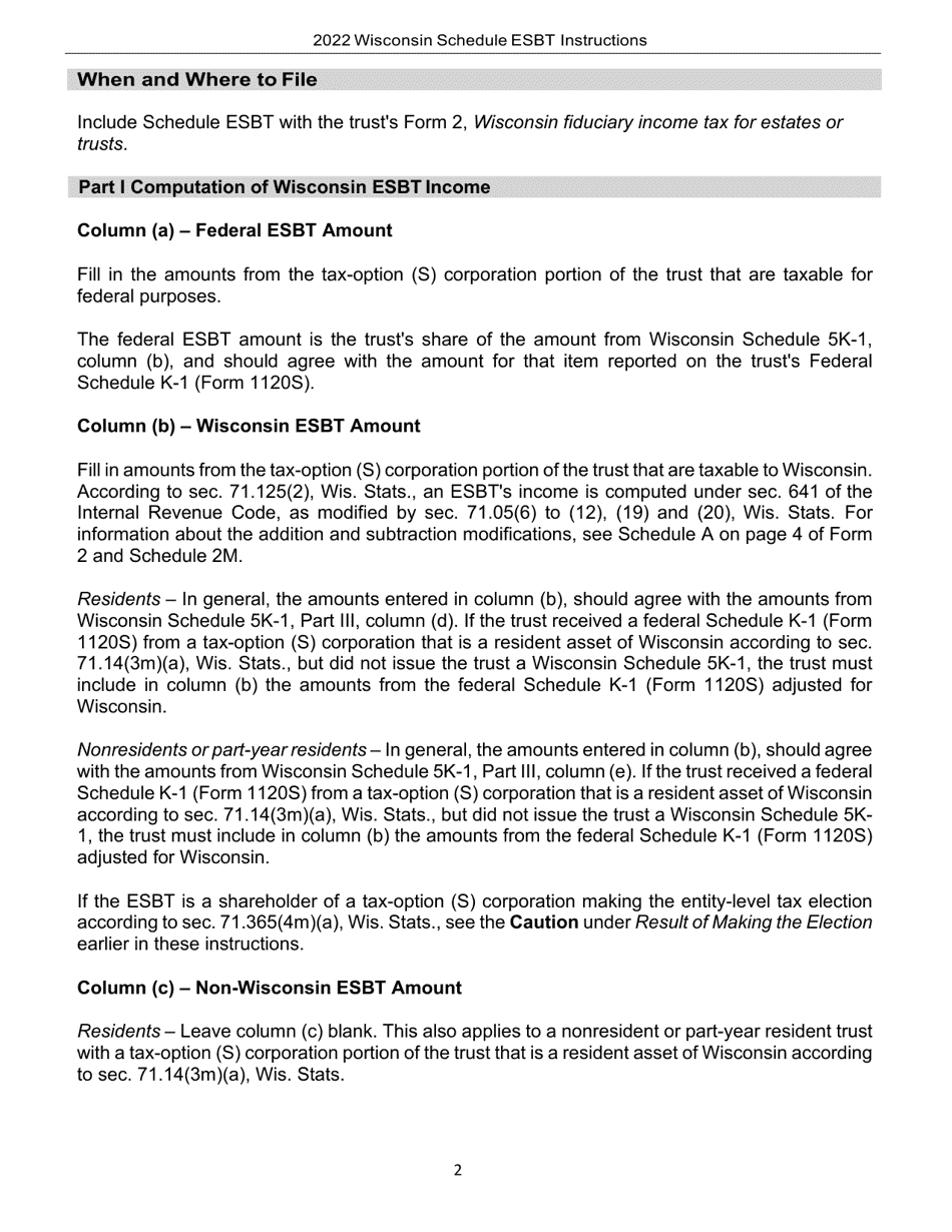 Instructions for Form I-237 Schedule ESBT Computation of Wisconsin Taxable Income for Electing Small Business Trusts - Wisconsin, Page 2