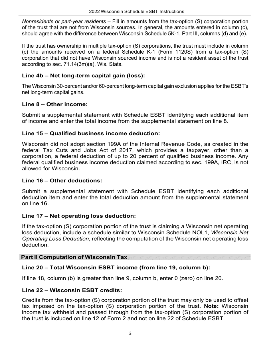 Instructions for Form I-237 Schedule ESBT Computation of Wisconsin Taxable Income for Electing Small Business Trusts - Wisconsin, Page 3