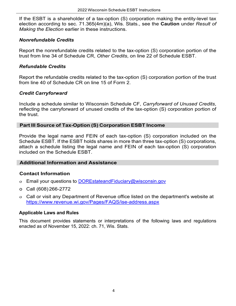 Instructions for Form I-237 Schedule ESBT Computation of Wisconsin Taxable Income for Electing Small Business Trusts - Wisconsin, Page 4