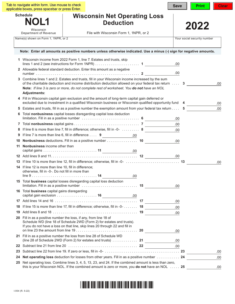 Form I-054 Schedule NOL1 Download Fillable PDF or Fill Online Wisconsin ...