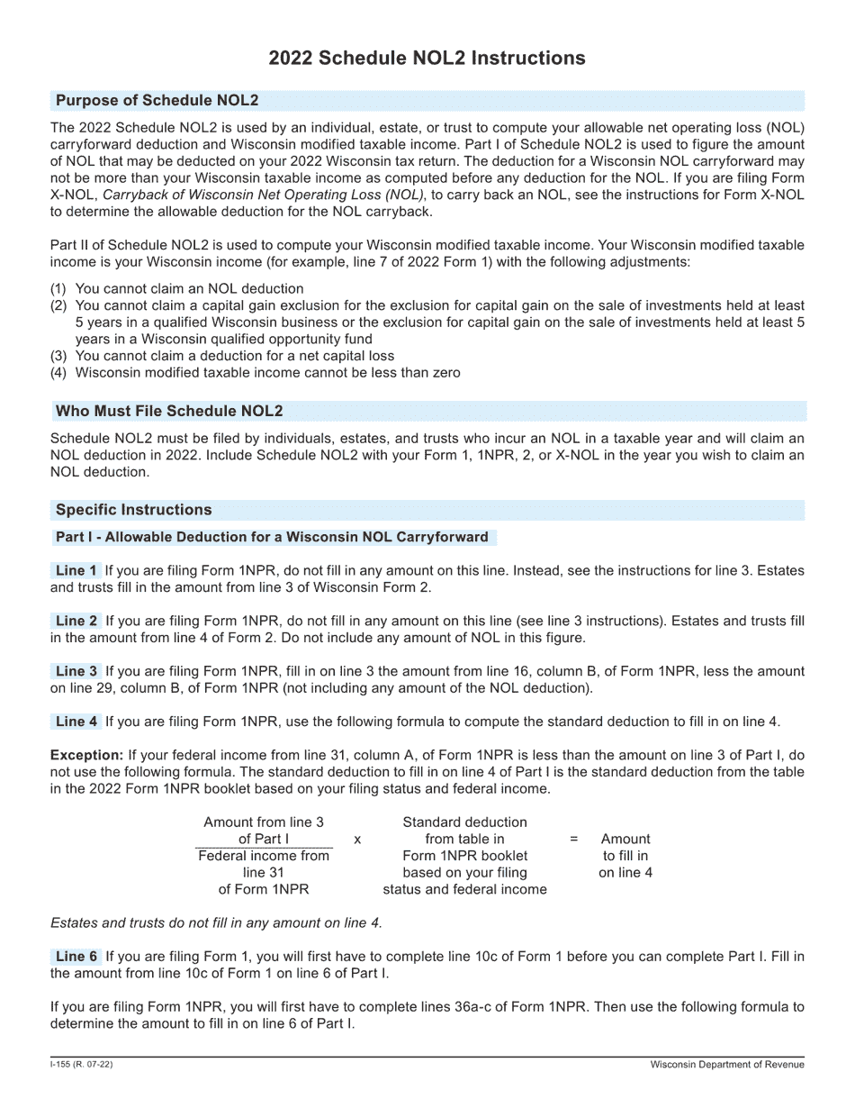Instructions for Form I-055 Schedule NOL2 Net Operating Loss Deduction and Wisconsin Modified Taxable Income - Wisconsin, Page 1