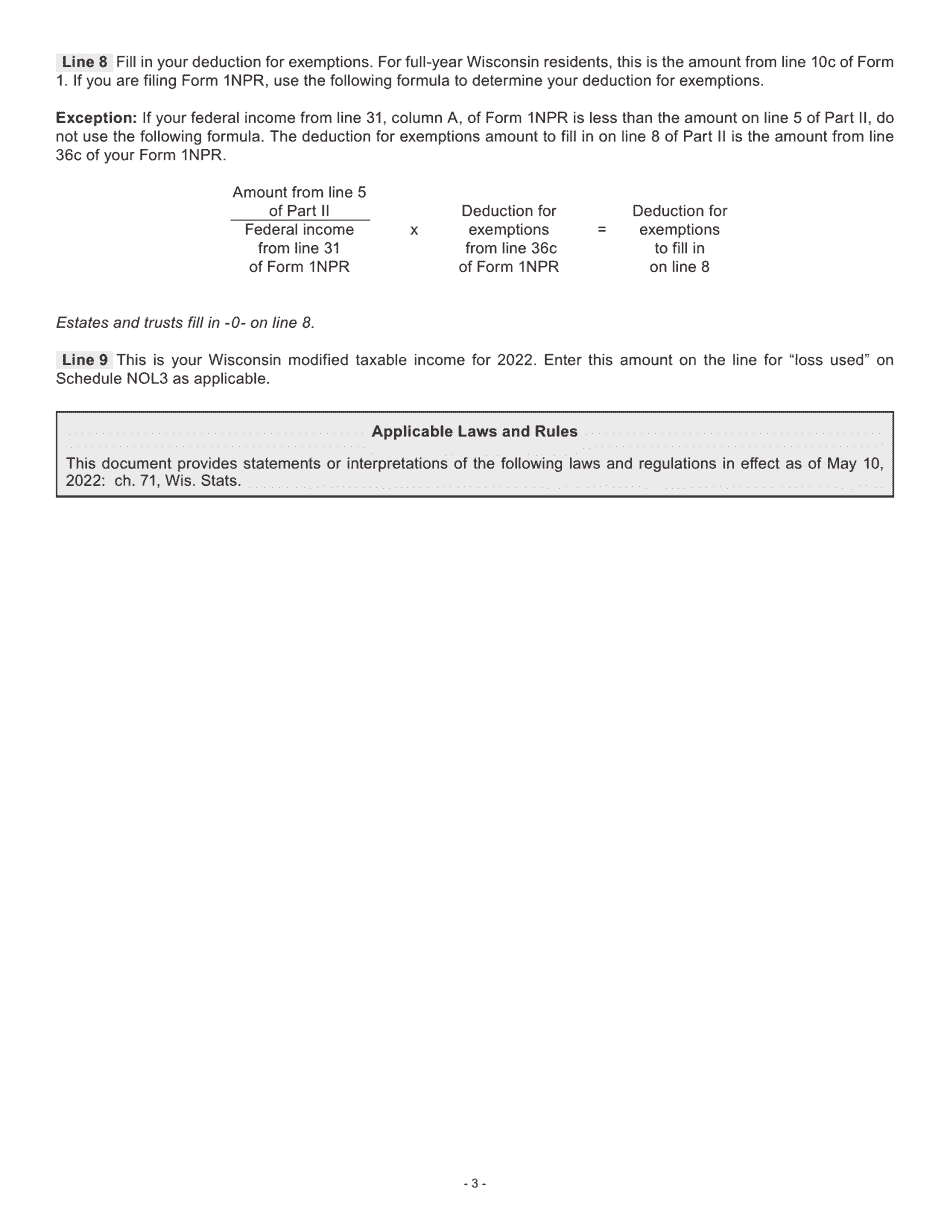 Instructions for Form I-055 Schedule NOL2 Net Operating Loss Deduction and Wisconsin Modified Taxable Income - Wisconsin, Page 3
