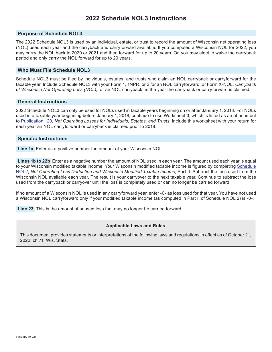 Instructions for Form I-056 Schedule NOL3 Record of Wisconsin Nol Carryback and Carryforward of Losses - Wisconsin, Page 1