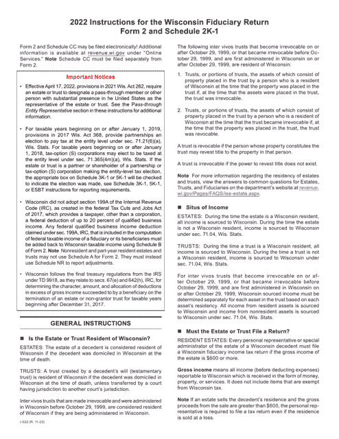 Instructions for Form 2, I-020, I-021 Schedule 2K-1 - Wisconsin, 2022