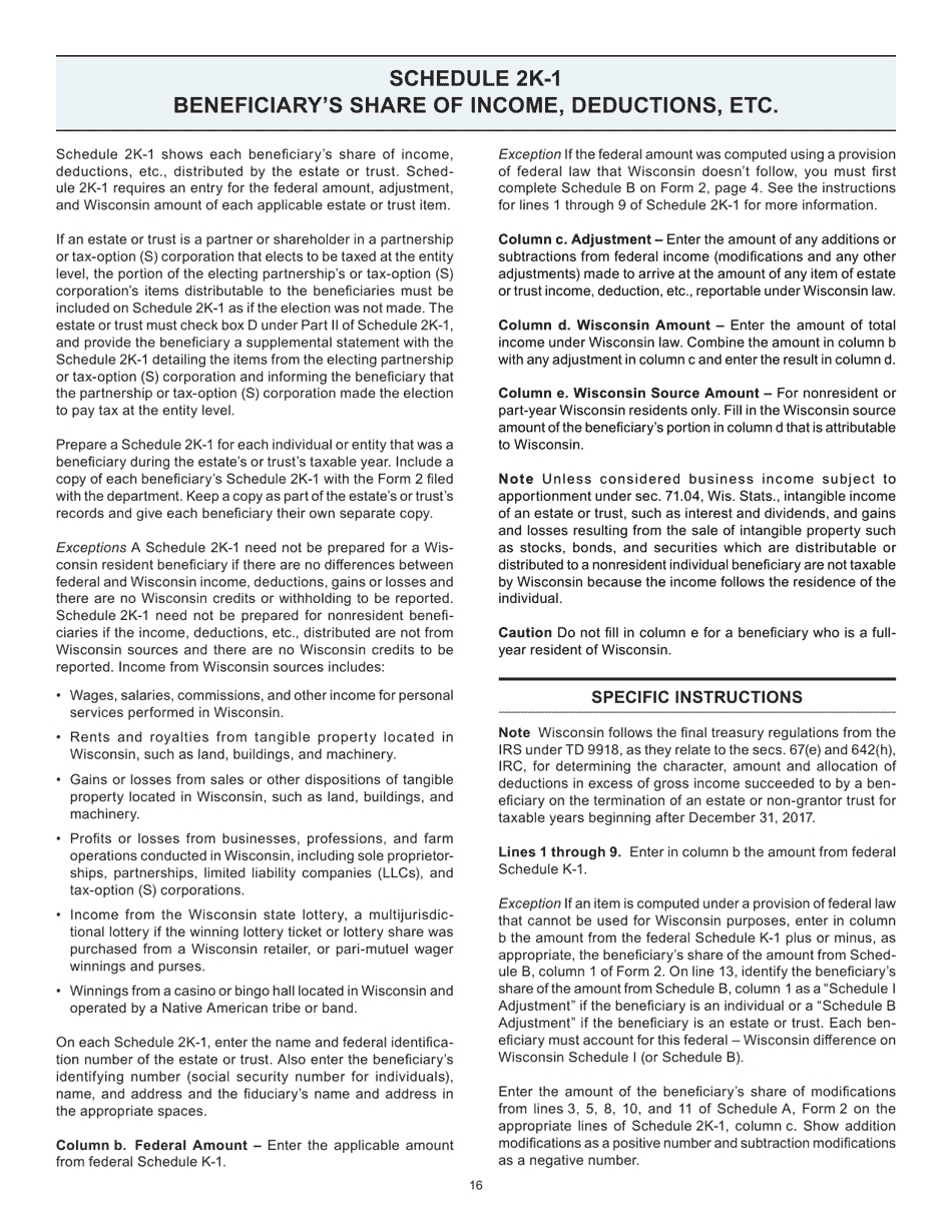 Instructions for Form 2, I-020, I-021 Schedule 2K-1 - Wisconsin, Page 16