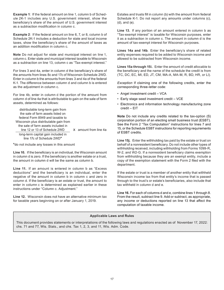 Instructions for Form 2, I-020, I-021 Schedule 2K-1 - Wisconsin, Page 17