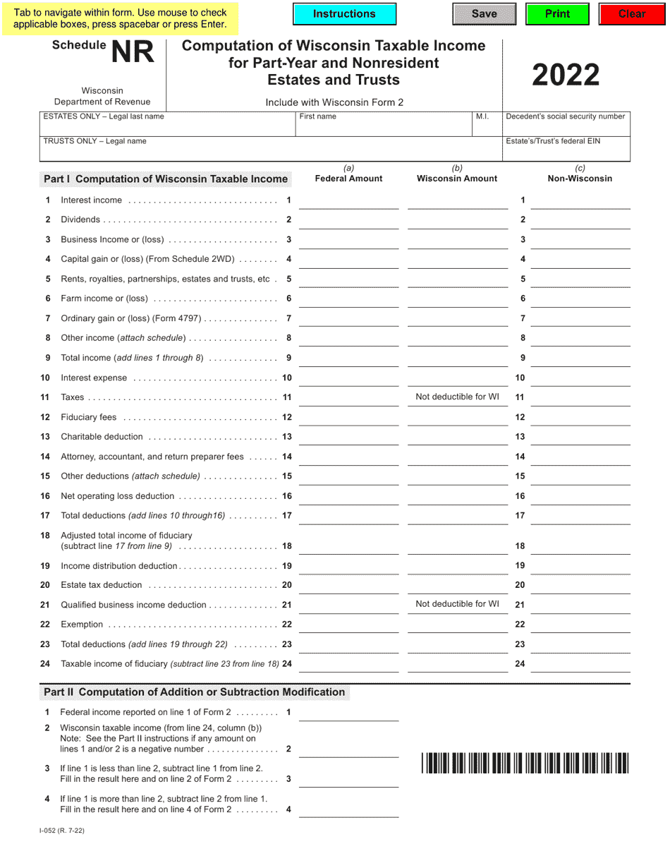 Form I-052 Schedule NR Computation of Wisconsin Taxable Income for Part-Year and Nonresident Estates and Trusts - Wisconsin, Page 1