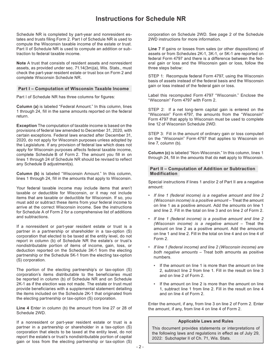 Form I-052 Schedule NR Computation of Wisconsin Taxable Income for Part-Year and Nonresident Estates and Trusts - Wisconsin, Page 2