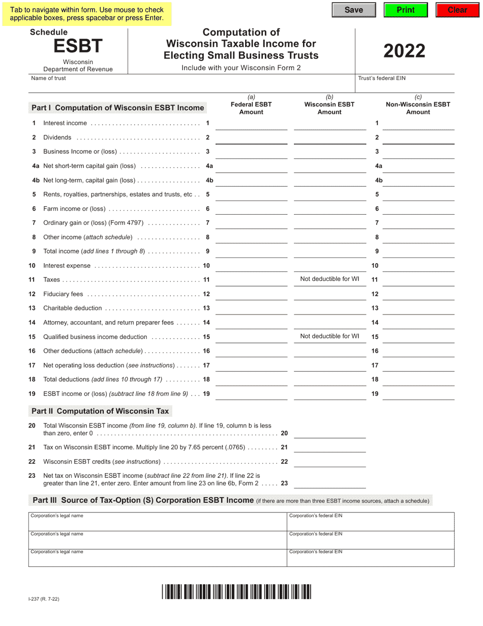Form I-237 Schedule ESBT Computation of Wisconsin Taxable Income for Electing Small Business Trusts - Wisconsin, Page 1