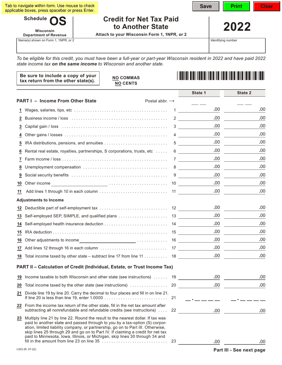 Form I-023 Schedule OS Credit for Net Tax Paid to Another State - Wisconsin, Page 1