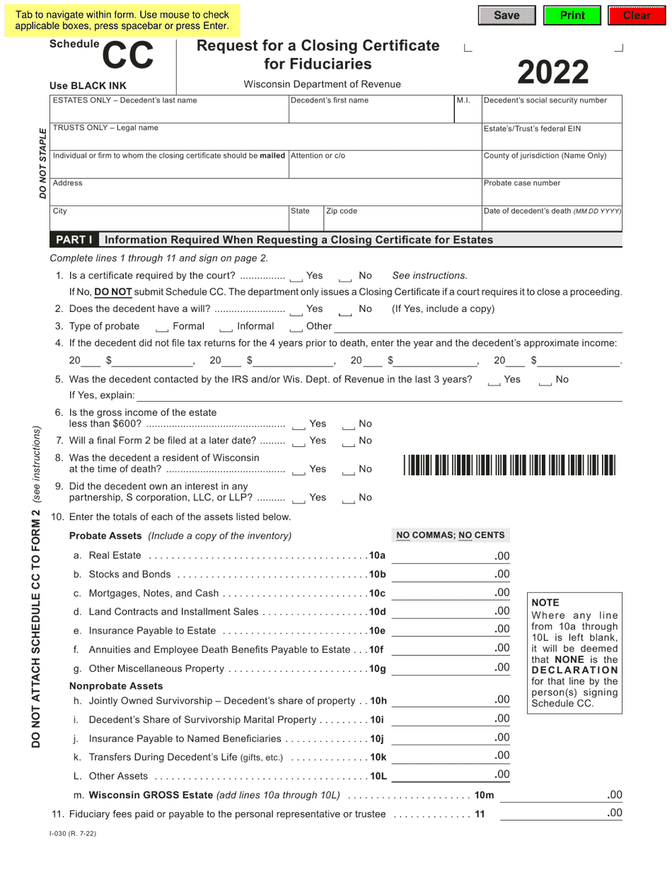 Form I-030 Schedule CC Request for a Closing Certificate for Fiduciaries - Wisconsin, Page 1