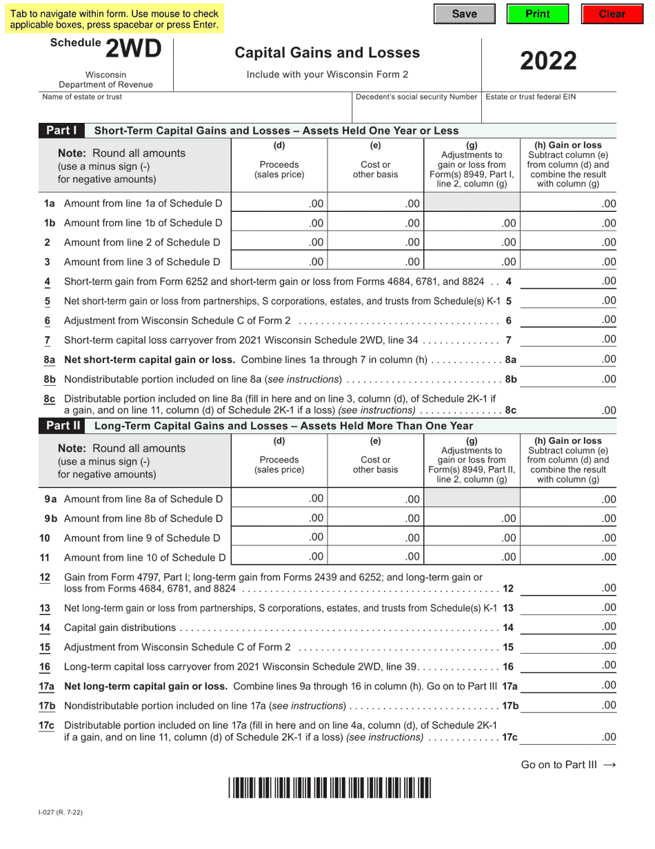 Form I-027 Schedule 2WD Capital Gains and Losses - Wisconsin, Page 1