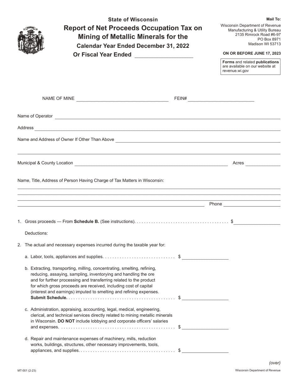 Form MT-001 Report of Net Proceeds Occupation Tax on Mining of Metallic Minerals - Wisconsin, Page 1