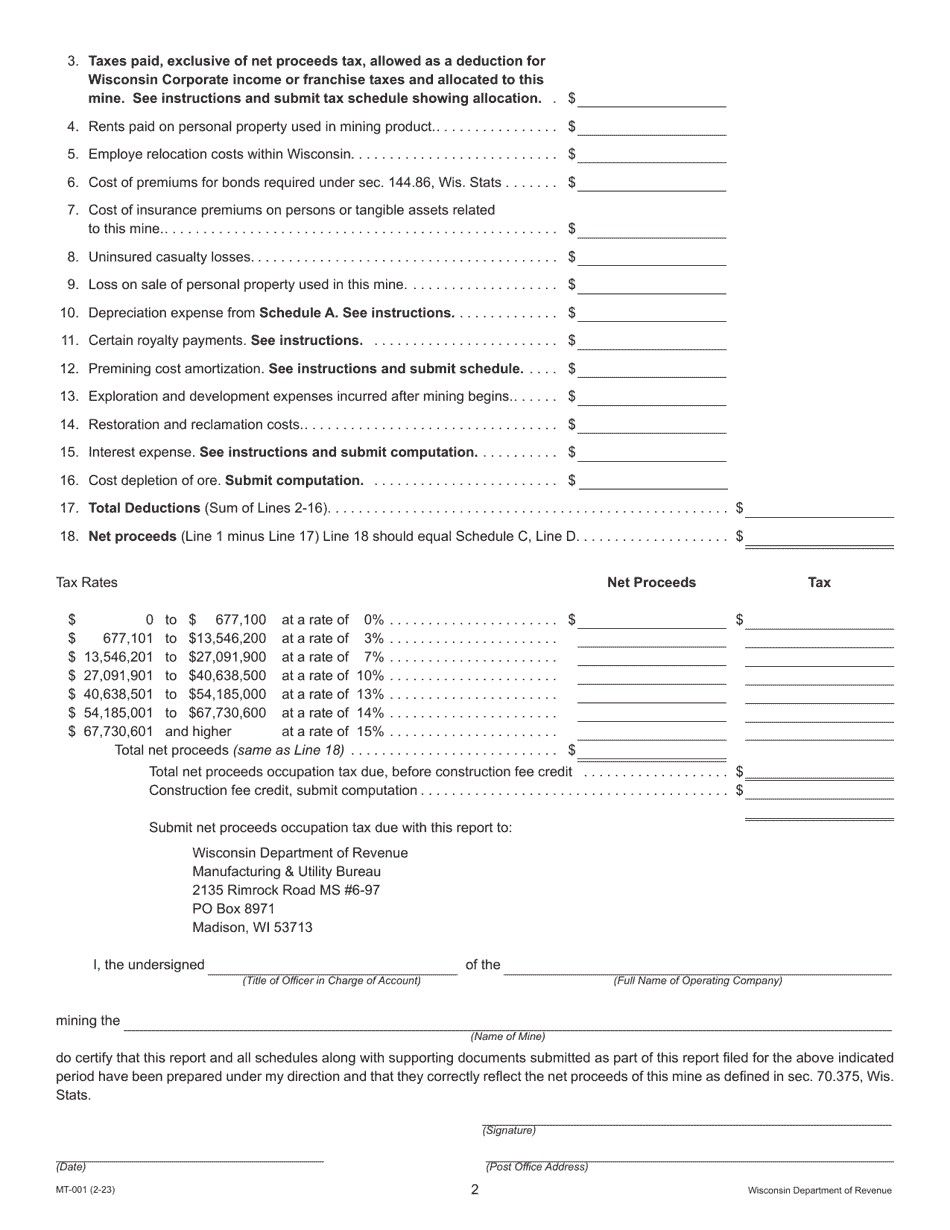 Form MT-001 Report of Net Proceeds Occupation Tax on Mining of Metallic Minerals - Wisconsin, Page 2
