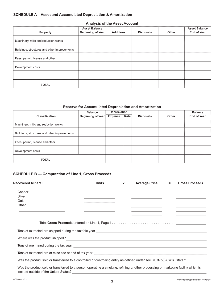 Form MT-001 Report of Net Proceeds Occupation Tax on Mining of Metallic Minerals - Wisconsin, Page 3