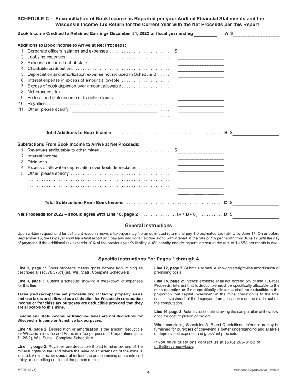 Form MT-001 Report of Net Proceeds Occupation Tax on Mining of Metallic Minerals - Wisconsin, Page 4