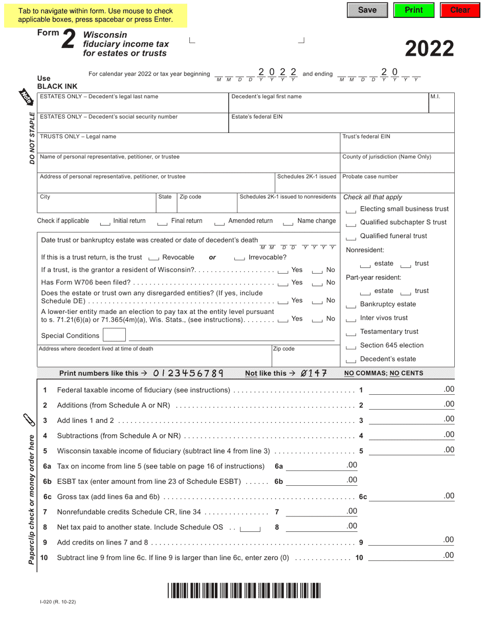 Form 2 (I-020) Wisconsin Fiduciary Income Tax for Estates and Trusts - Wisconsin, Page 1