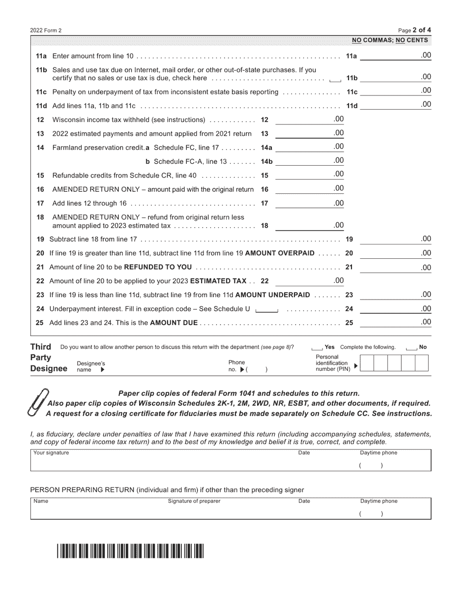 Form 2 (I-020) Wisconsin Fiduciary Income Tax for Estates and Trusts - Wisconsin, Page 2