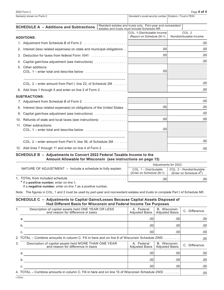 Form 2 (I-020) Wisconsin Fiduciary Income Tax for Estates and Trusts - Wisconsin, Page 4