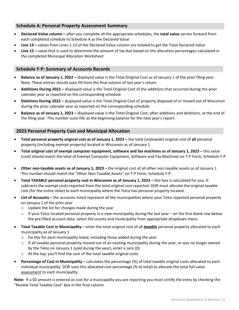 Instructions for Form T-P Wisconsin Telco Personal Property - Wisconsin, Page 6