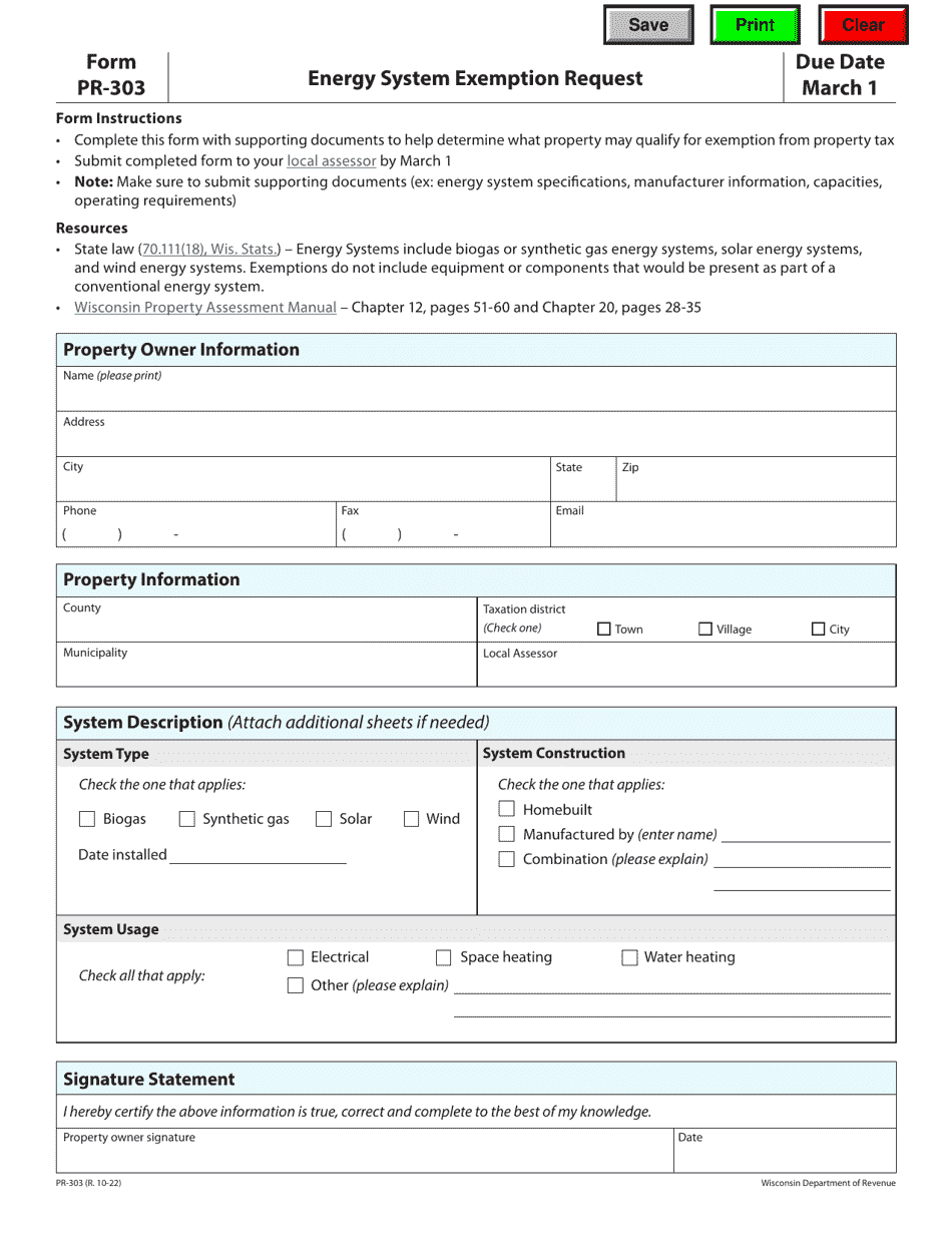 Form PR-303 Energy System Exemption Request - Wisconsin, Page 1