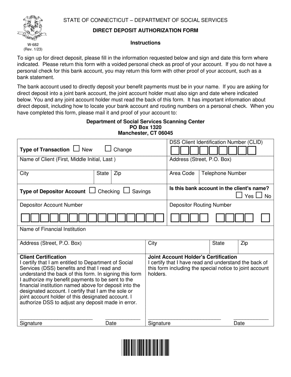Form W-682 Direct Deposit Authorization Form - Connecticut, Page 1