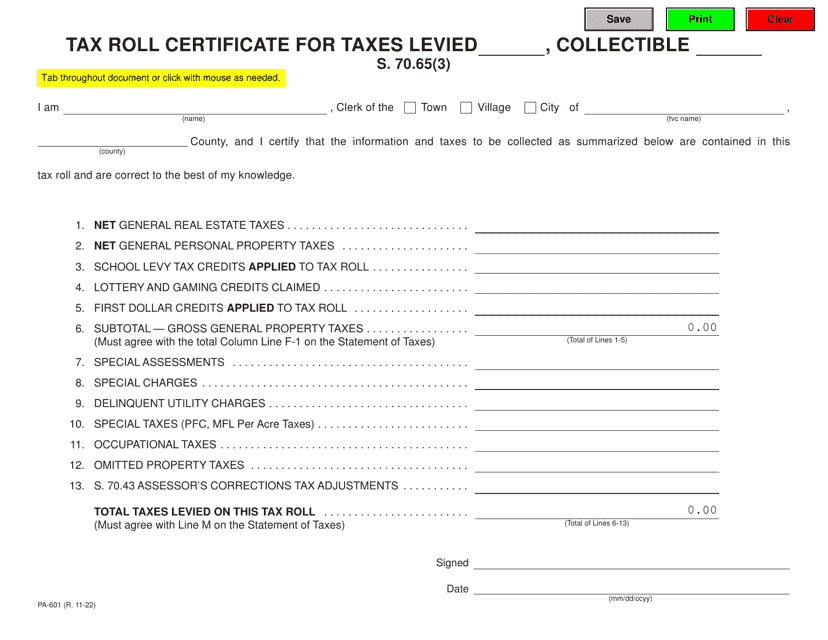 Form PA-601 Tax Roll Certificate - Wisconsin