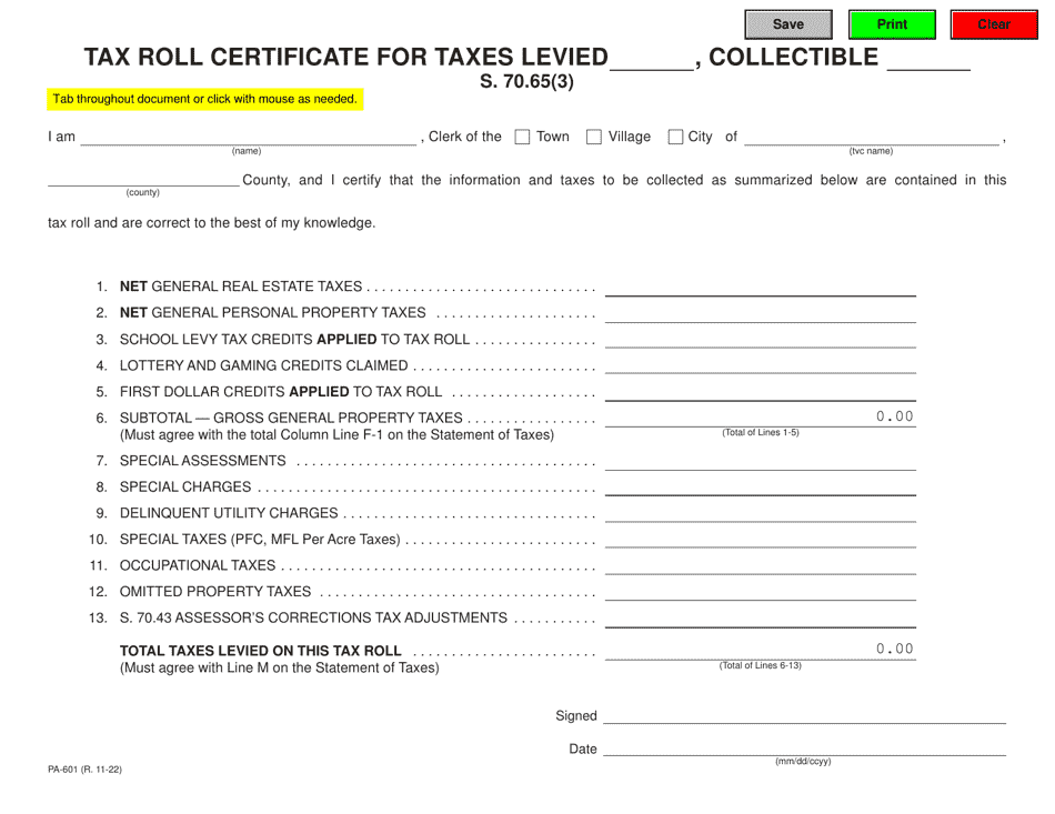 Form PA-601 Tax Roll Certificate - Wisconsin, Page 1