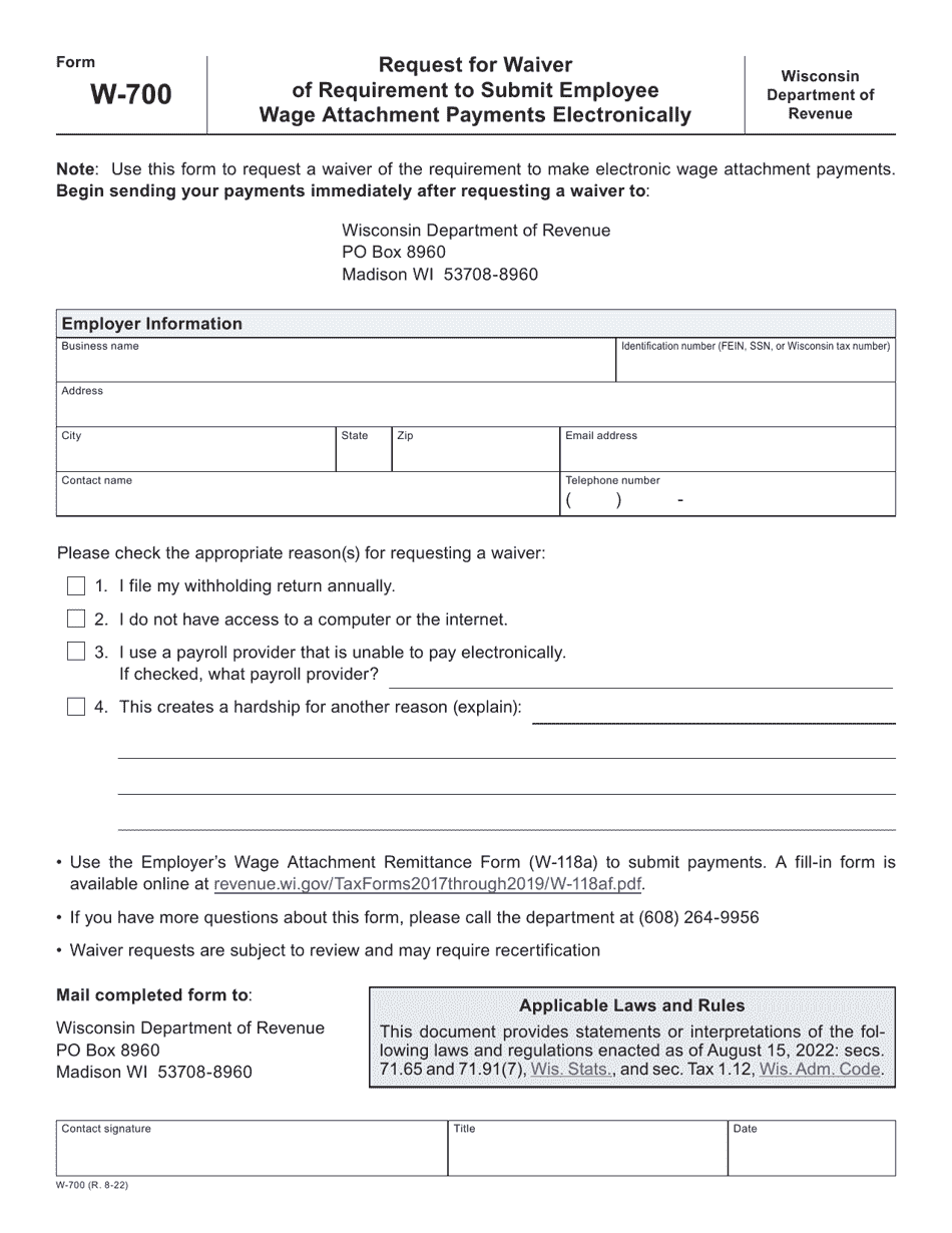 Form W-700 Request for Waiver of Requirement to Submit Employee Wage Attachment Payments Electronically - Wisconsin, Page 1