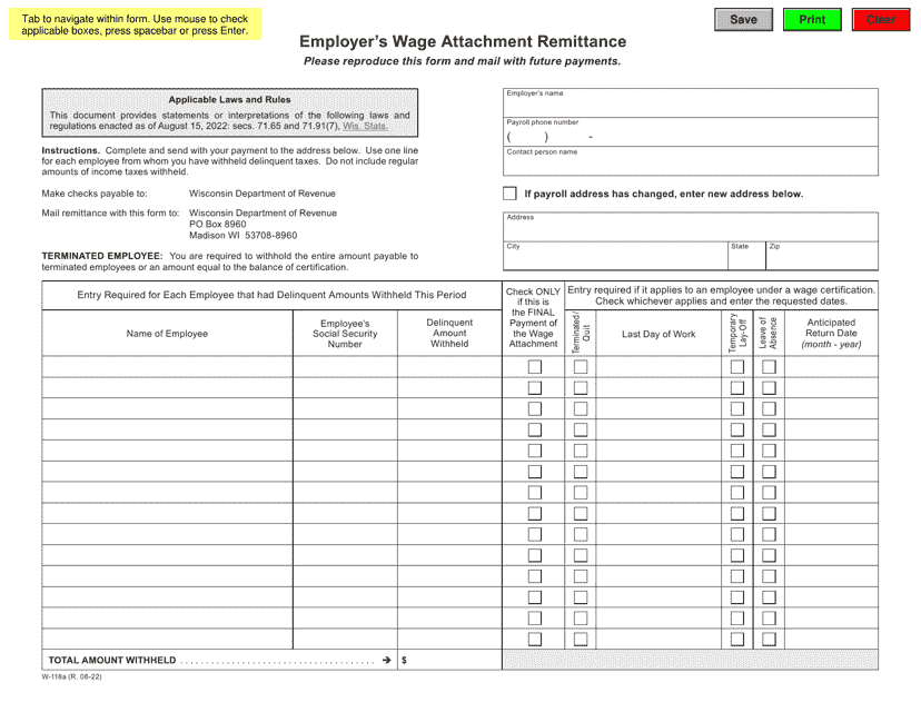 Form W-118A  Printable Pdf