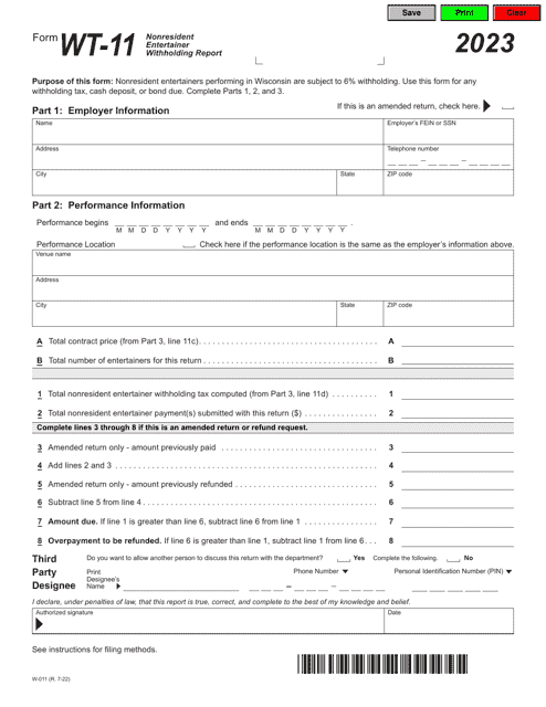 Form WT-11 (W-011) Nonresident Entertainer Withholding Report - Wisconsin, 2023