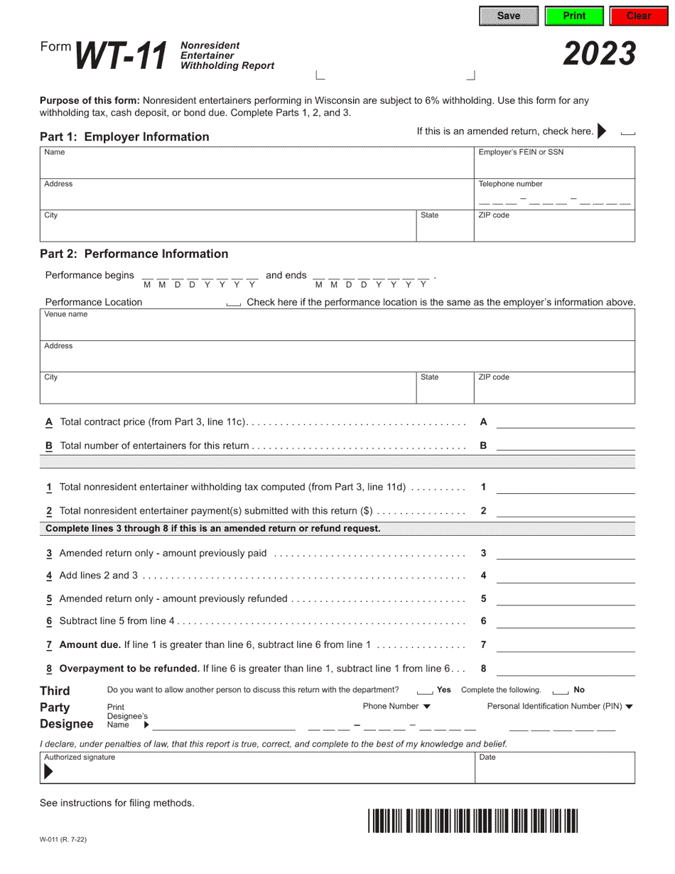 Form WT-11 (W-011) Nonresident Entertainer Withholding Report - Wisconsin, Page 1