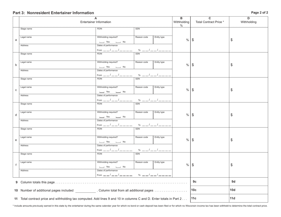 Form WT-11 (W-011) Nonresident Entertainer Withholding Report - Wisconsin, Page 2