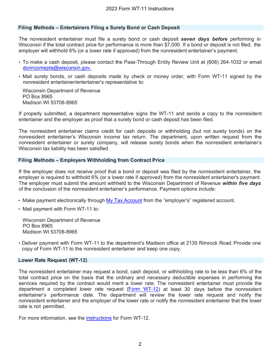 Instructions for Form WT-11, W-011 Nonresident Entertainer Withholding Report - Wisconsin, Page 2