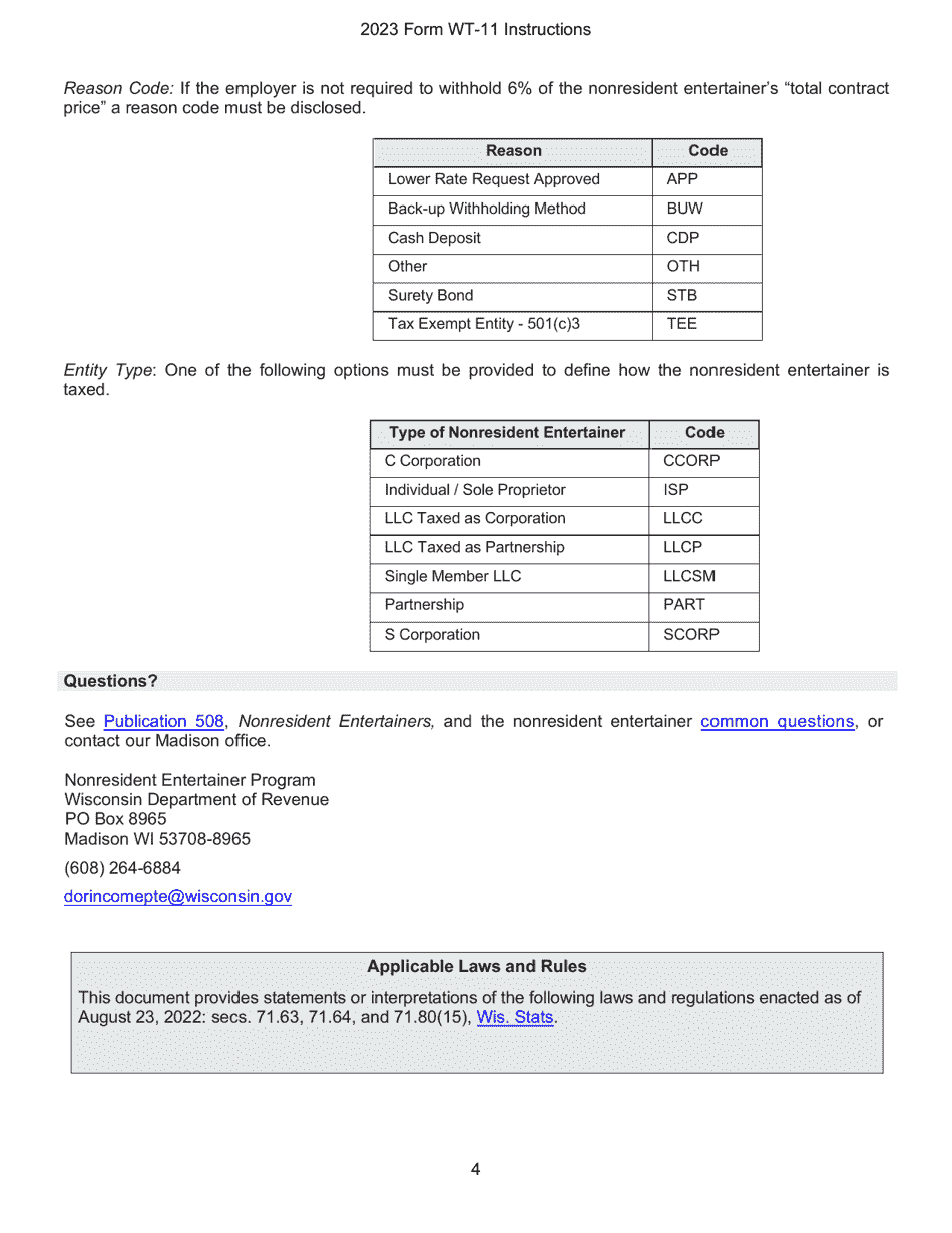 Instructions for Form WT-11, W-011 Nonresident Entertainer Withholding Report - Wisconsin, Page 4