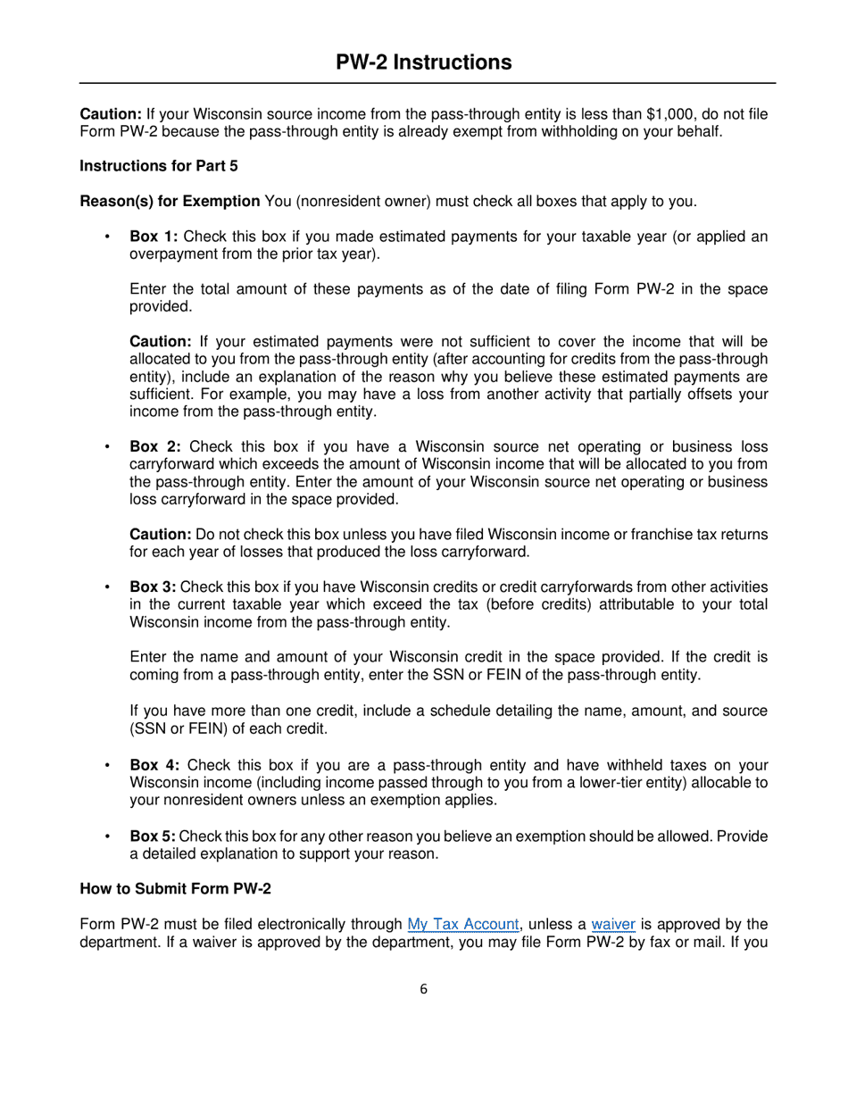 Instructions for Form PW-2, IC-005 Wisconsin Nonresident Partner, Member, Shareholder, or Beneficiary Pass-Through Withholding Exemption Affidavit - Wisconsin, Page 6