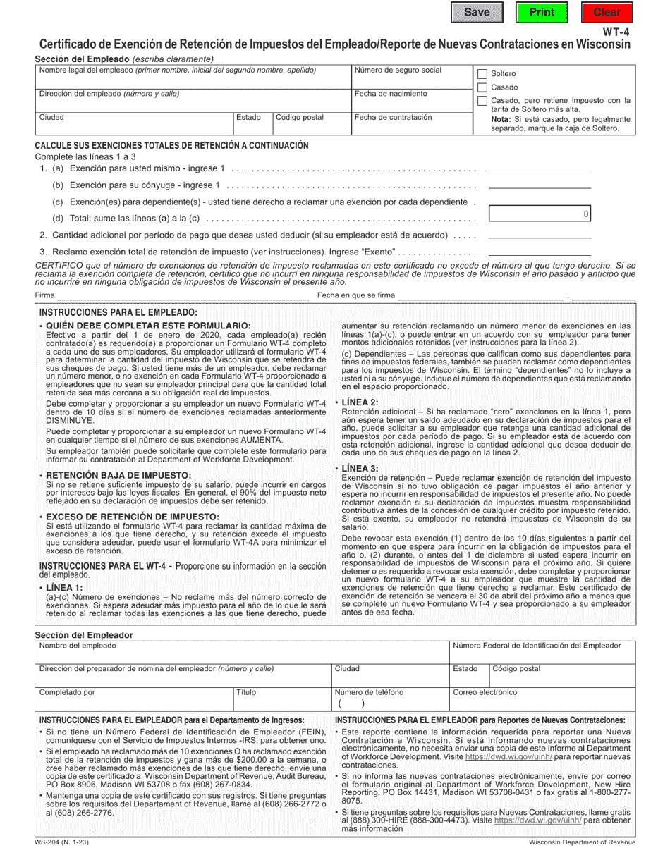 Formulario WT-4 (WS-204) Certificado De Exencion De Retencion De Impuestos Del Empleado / Reporte De Nuevas Contrataciones En Wisconsin - Wisconsin (Spanish), Page 1