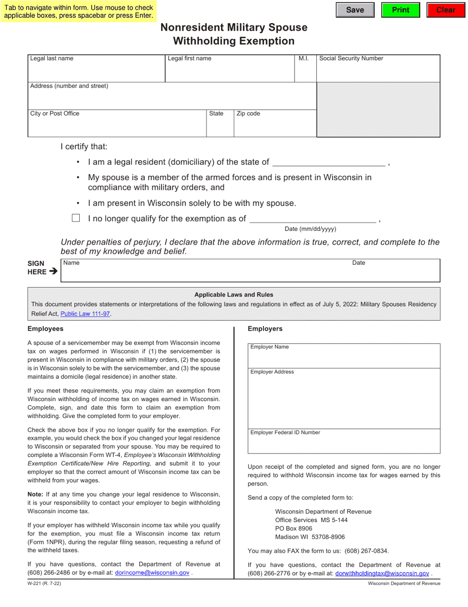 Form W-221 Nonresident Military Spouse Withholding Exemption - Wisconsin, Page 1
