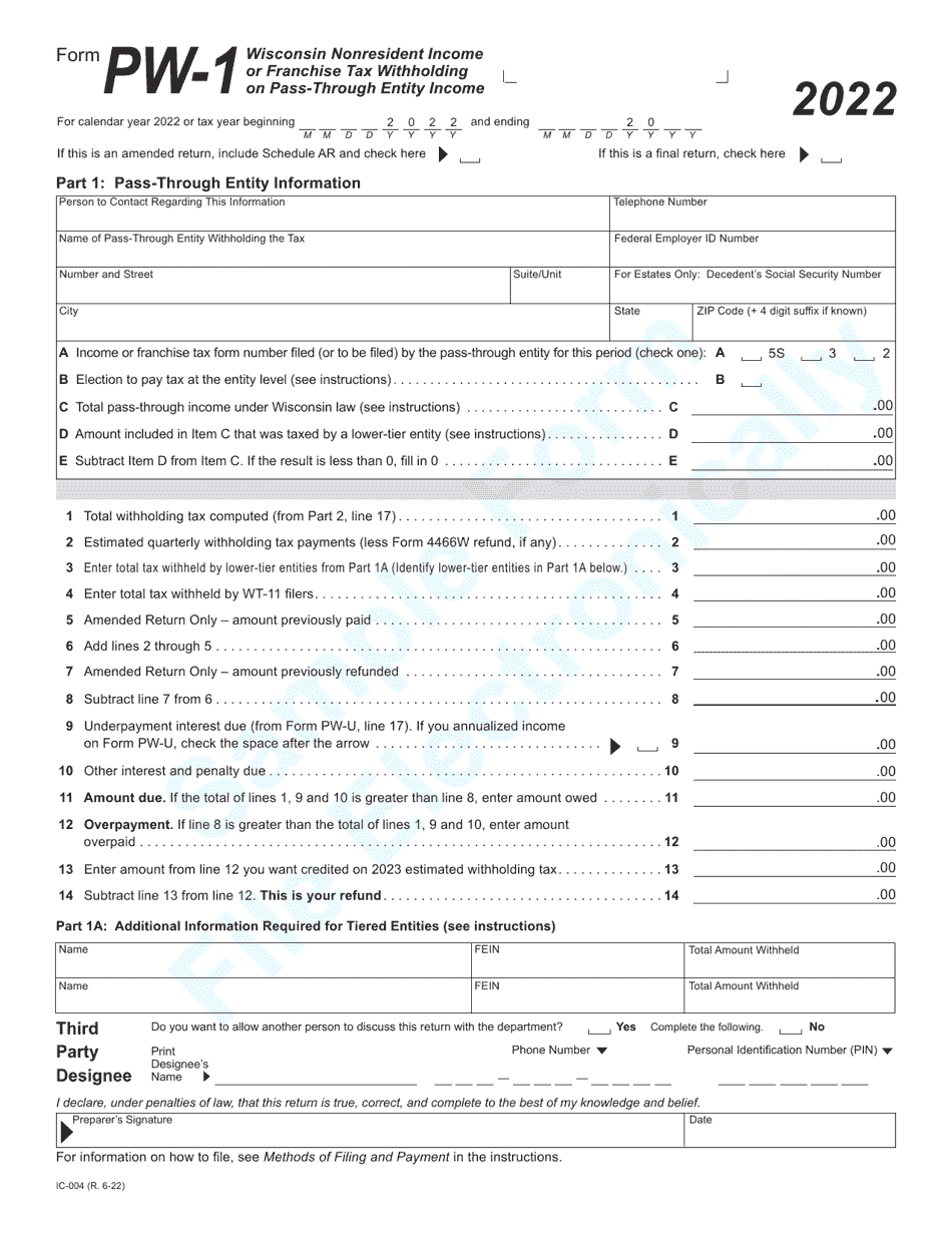 Form PW-1 (IC-004) Wisconsin Nonresident Income or Franchise Tax Withholding on Pass-Through Entity Income - Wisconsin, Page 1