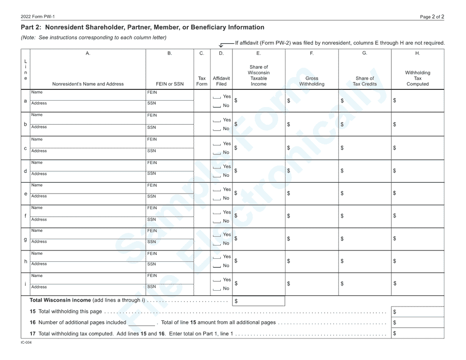 Form PW-1 (IC-004) Wisconsin Nonresident Income or Franchise Tax Withholding on Pass-Through Entity Income - Wisconsin, Page 2