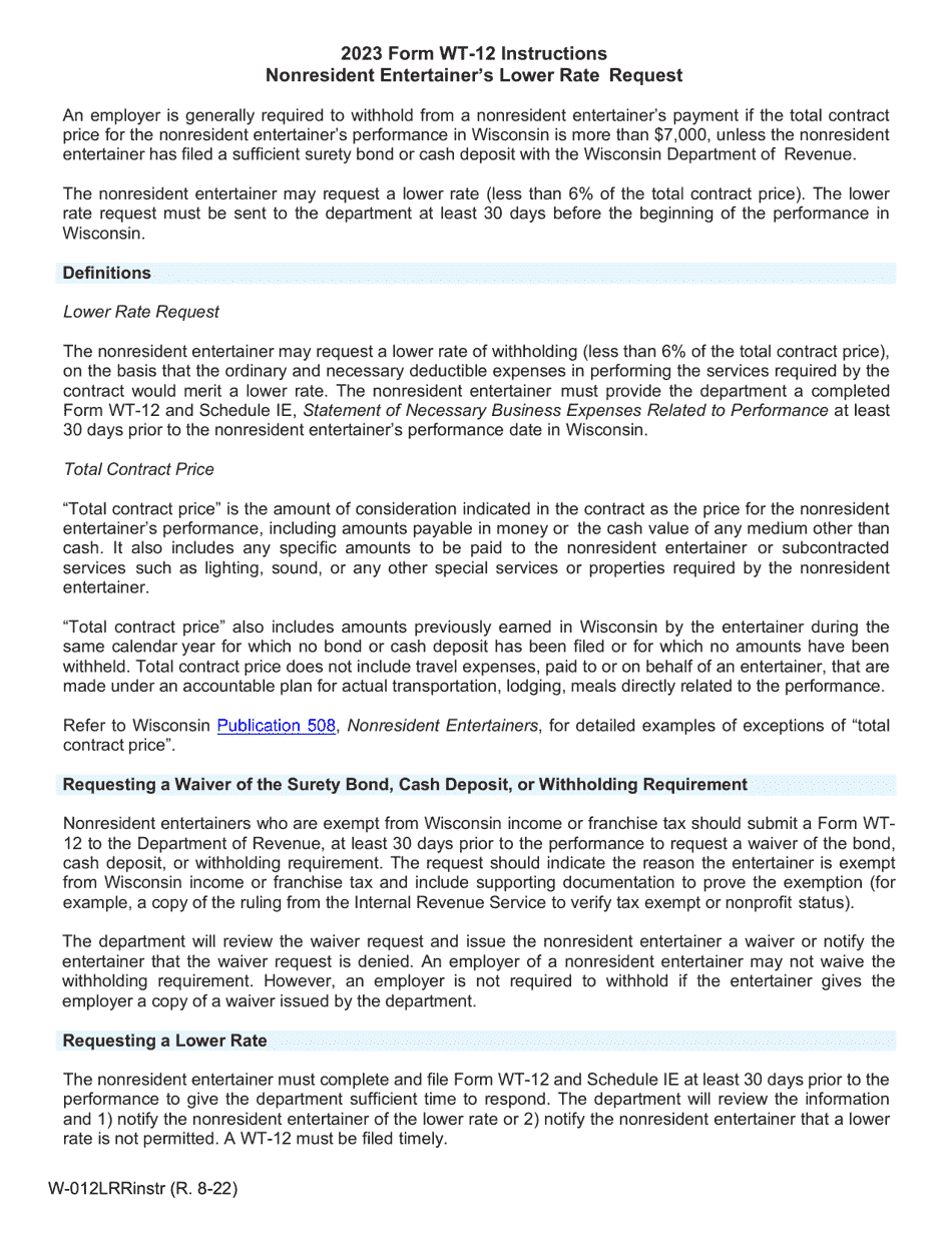 Instructions for Form WT-12, W-012LRR Nonresident Entertainers Lower Rate Request - Wisconsin, Page 1