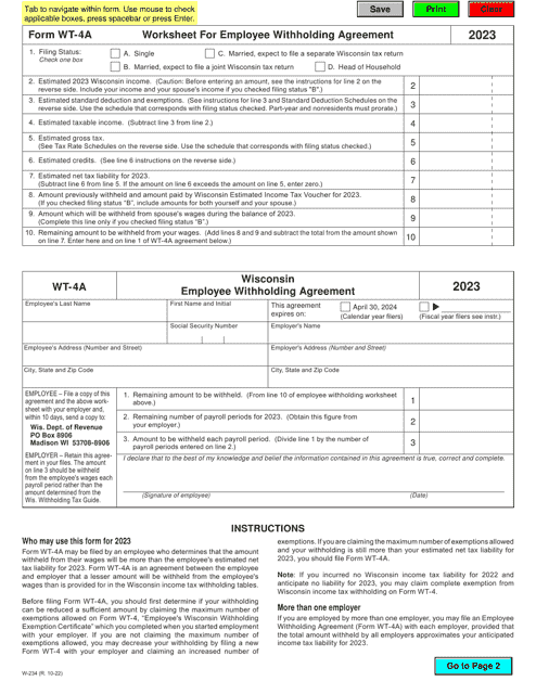 Form WT-4A (W-234) Worksheet for Employee Withholding Agreement - Wisconsin, 2023