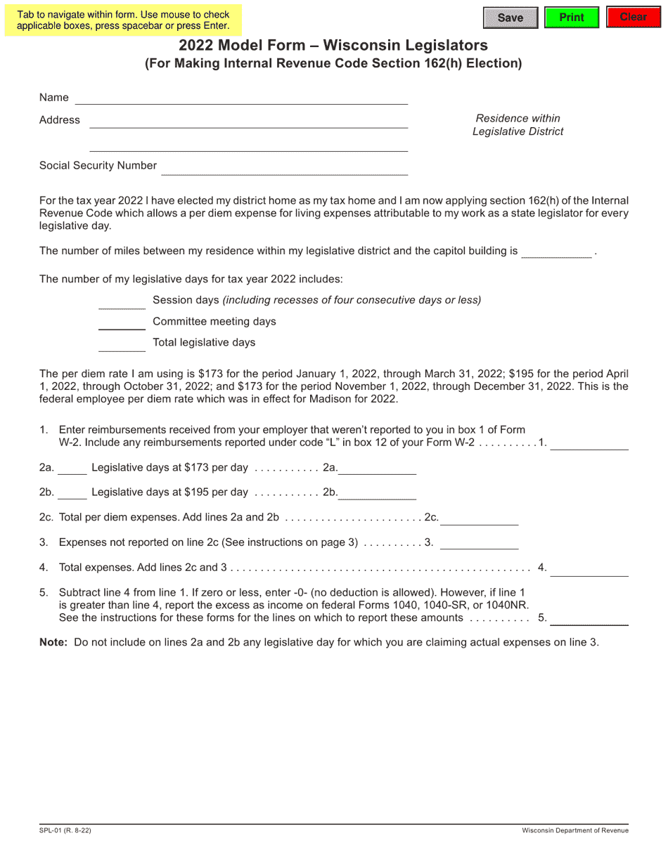 Form SPL-01 Model Form - Wisconsin Legislators (For Making Internal Revenue Code Section 162(H) Election) - Wisconsin, Page 1
