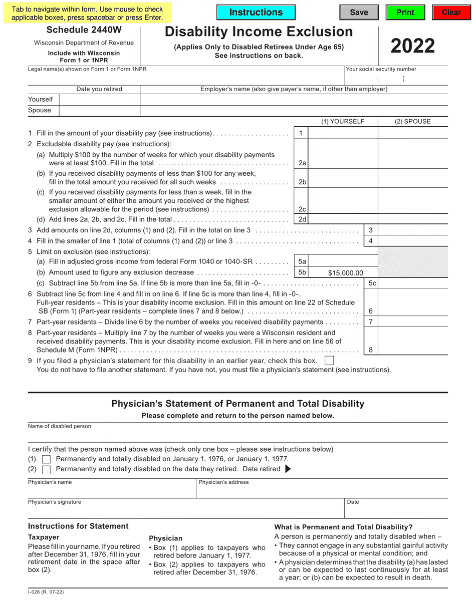 Form I-026 Schedule 2440W Disability Income Exclusion - Wisconsin, Page 1