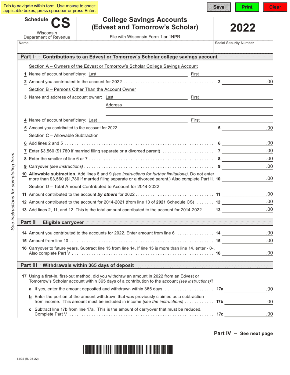 Form I-092 Schedule CS College Savings Accounts (Edvest and Tomorrows Scholar) - Wisconsin, Page 1