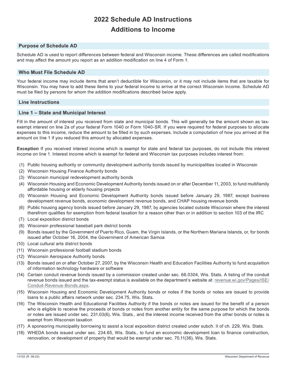 Instructions for Form I-0101 Schedule AD Additions to Income - Wisconsin, Page 1