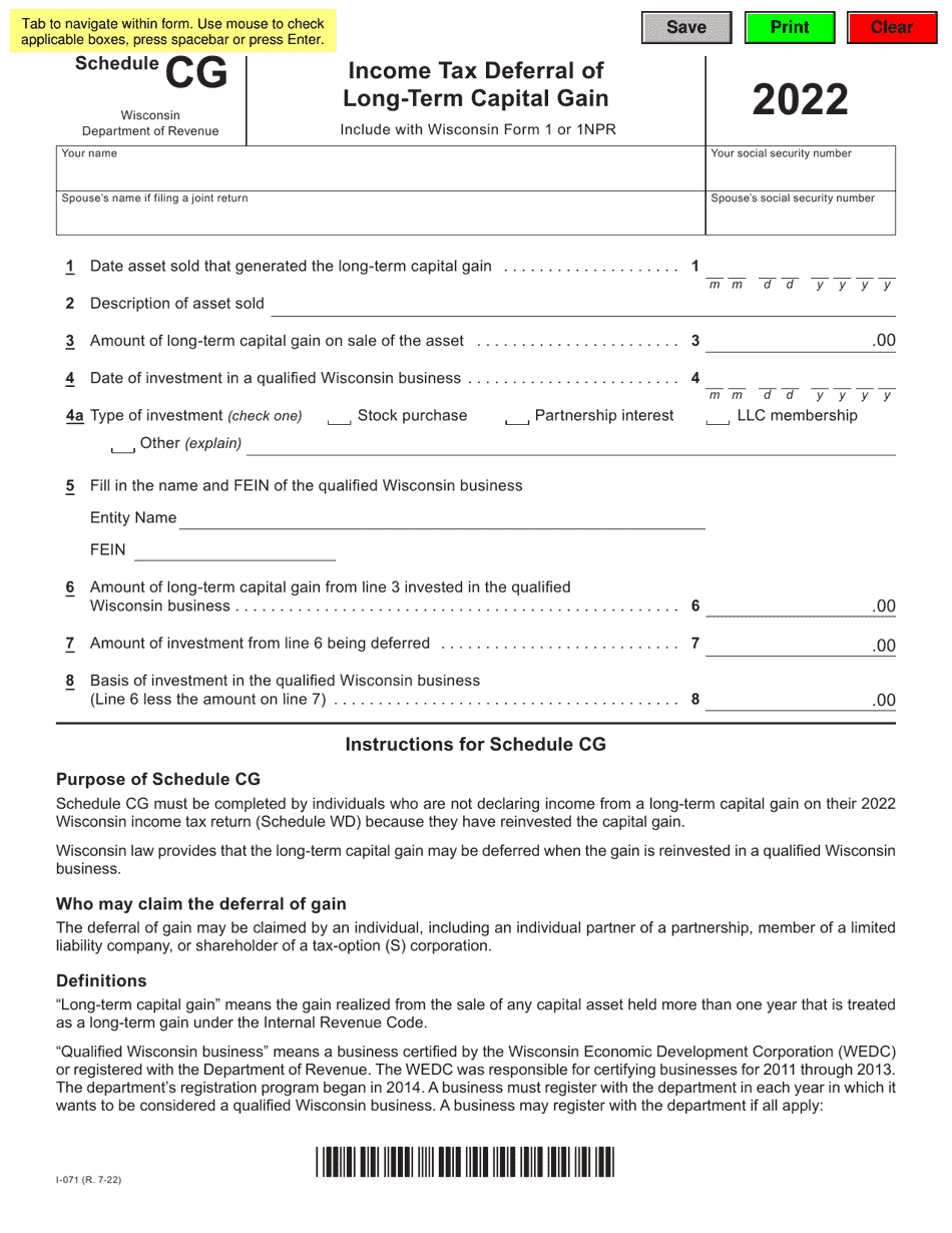 Form I-071 Schedule CG Income Tax Deferral of Long-Term Capital Gain - Wisconsin, Page 1