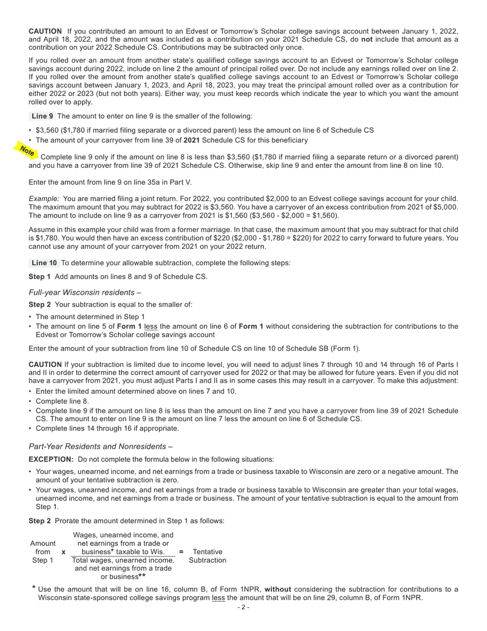 Instructions for Form I-092 Schedule CS College Savings Accounts (Edvest and Tomorrows Scholar) - Wisconsin, Page 2