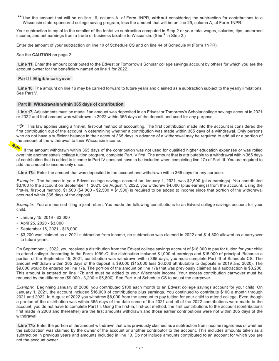 Instructions for Form I-092 Schedule CS College Savings Accounts (Edvest and Tomorrows Scholar) - Wisconsin, Page 3